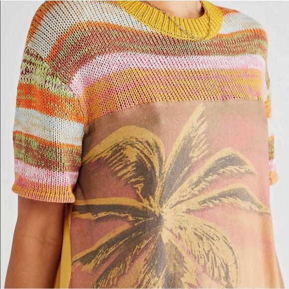 Free People Ibiza Swit Knit Short Sleeve Crochet Palm Tree Striped Tee Shirt Top - Picture 2 of 8